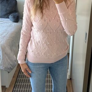 Laura Light Pink Knit Petite Pearl Detail Crew Neck Cotagecore Modest Sweater XS